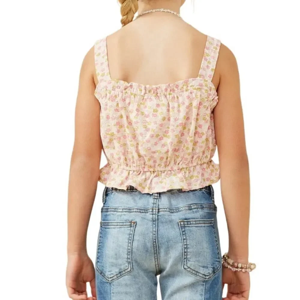 Hayden Crop Balloon Tank Top Girl L Pink Textured Ditsy Floral Cottage Tween NEW